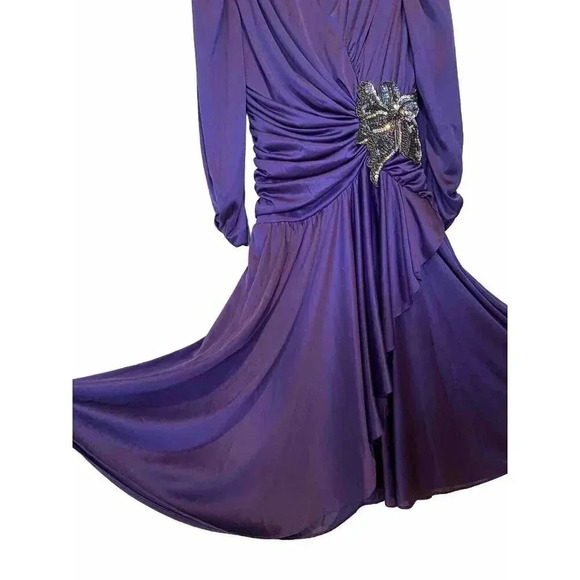Petites By Demaro Vintage Dress Sz 11 Sequin Flower Purple Draped Embellished - Picture 1 of 16